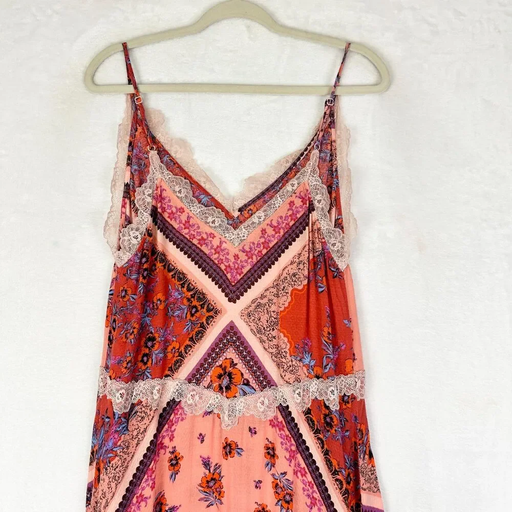 Free People Stevie Printed Maxi Slip Dress Size Large Floral Patchwork Scarf